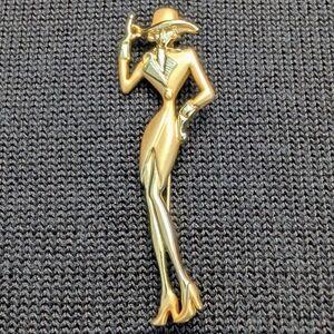 Vtg AJC Goldtone Brooch Pin Figural Stylish Woman Lady Shoulder Pads Fedora